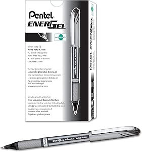 Pentel 0.7 mm Tip 0.35 mm Line Energel Rollerball Pen with Metal Point - Black (Pack of 12)