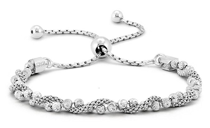 Italian .925 Sterling Silver Diamond-Cut Ball covered by Twisted Coreana Adjustable Bolo Bracelet