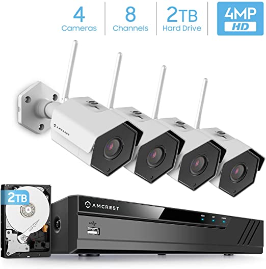 Amcrest 4MP Security Camera System, w/ 4K 8CH NVR, (4) x 4-Megapixel IP67 Weatherproof Bullet WiFi IP Cameras, 2.8mm Lens, Pre-Installed 2TB Hard Drive, NV4108-IP4M-1026W4-2TB