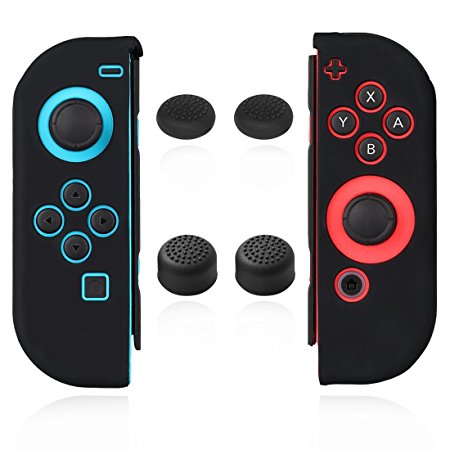 Voova Gel Guards for Nintendo Switch Joy-con, Protective Skin Anti-Slip Lightweight Joycon Case with Four Thumb Stick Caps Silicone Cover - Black