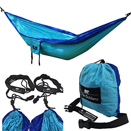 Koki Outdoors - Double Hammock - Lightweight Parachute Nylon Fabric - The Best For Backpacking , Camping , Hiking, Beach , Yard - Hanging Ropes , Sleeve Straps , Steel Carabiners Included