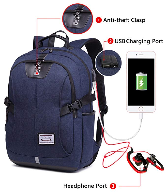 Travel Laptop Backpack School College Bookbag for Men Business Computer Rucksack with USB Charging Port, Anti Theft Clasp and Headphone Port (Blue Plus)