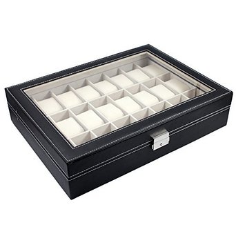 Nulink 24 Grids Top Glass Display Black Leather Watch Jewelry Storage Case Organizer With Lock and Key