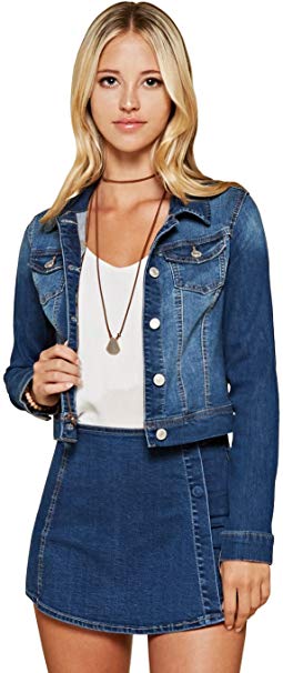 Trend Director Women's Casual Basic Cropped Long Sleeve Button Down Denim Jacket in White, Black & Blue