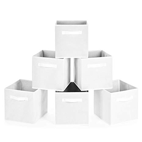 MaidMAX Collapsible Storage Bins, Set of 6 Foldable Fabric Storage Cubes Containers Organizers Basket with Dual Handles for Home, Office, Nursery, White