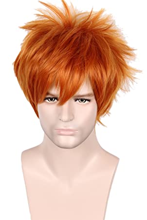 Linfairy Unisex Short Straight Orange Red Cosplay Wig Halloween Costume Full Wig for Men