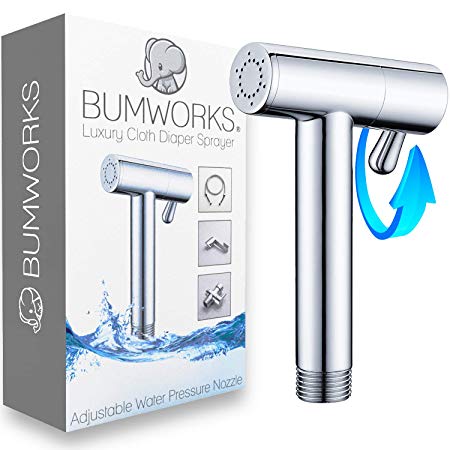 Bumworks Premium Adjustable Hand held Bidet Sprayer for Toilet - Brass Chrome Nozzle w/Metal Hose, T-Valve, and Mounting Attachment. Cloth Diaper Sprayer Washer Bidet for Baby and Personal Hygiene