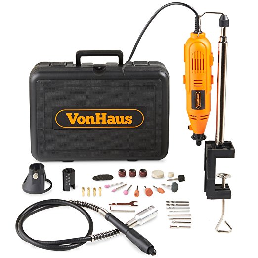 VonHaus Variable Speed Rotary Tool Kit with Stand, Storage Case and Flexi-shaft Including 34 Piece Multi-functional Accessory Tool Bits Set For Cutting, Sanding and Polishing