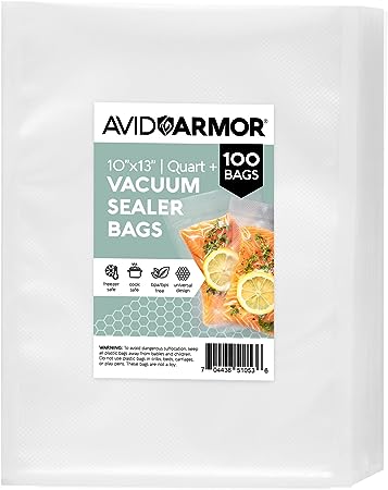 Avid Armor Vacuum Sealer Bags QUART PLUS Size 10"x13" 100 Pack for Food Saver and Seal A Meal Vac Sealers BPA Free Commercial Grade Sous Vide Vaccume Safe, Heavy Duty Universal Precut Storage Bag