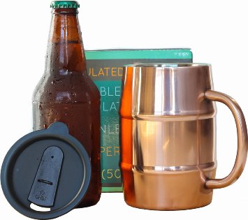 Insulated Beer Mug - Ice Cold to the Last Drop! Perfect Gift for Beer Lovers - Double Wall Stainless Steel, Copper Plated 17oz 500mL