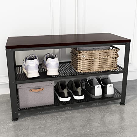 JOISCOPE Shoe Bench, 2-Tier Industrial Shoe Storage Rack with Seat for Small Spaces, Entryway, Foyer, Hallway(Black Walnut Finish)