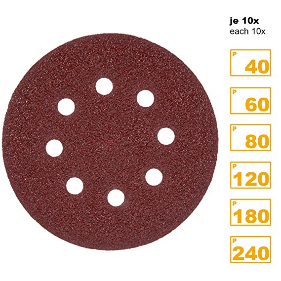 PRETEX 60 Velcro sanding discs , 8 hole, Ø 125 mm (10 discs of each size 40,60,80,120,180,240)| grinding paper pack, velcro sanding discs, sanding discs velcro, sanding paper discs