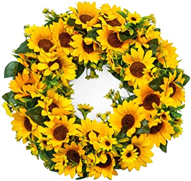LASPERAL Artificial Sunflower Wreath Summer Wreath - 15" Decorative Fake Flower Wreath with Yellow Sunflower and Green Leaves for Front Door Indoor Wall Décor