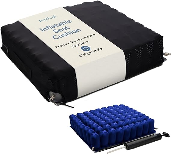 ProHeal Inflatable Wheelchair Air Cushion 20 x 18 - for Pressure Sore Treatment and Prevention - 4” Deep Immersion Pressure Redistribution - Dual Valve - Nylon Cover - Includes Pump, Repair Kit