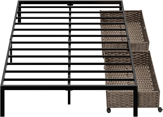 Rolanstar Full Bed Frame, Metal Platform Frame with 2 Rattan Baskets, Heavy Duty Steel Slat, Storage Space Beneath Bed up to 350LBS, Anti-Slip Support,No Box Spring Needed, Noise Free, Black