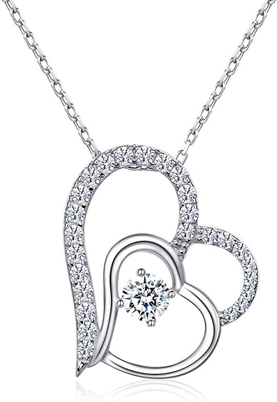 NINAMAID Mother Daughter Necklace for Women 925 Sterling Silver Two Heart Pendant Necklaces with AAAA  Cubic Zirconia Jewelry for Women Teen Girls Her