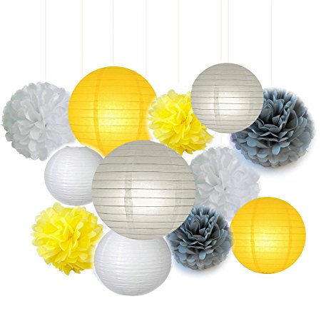 Fascola 12 pcs White Yellow Grey 10inch 8inch Tissue Paper Pom Pom Paper Lanterns Mixed Package for Lavender Themed Party Bridal Shower Decor Baby Shower Decoration