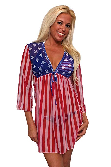 SHORE TRENDZ Gorgeous USA Flag Long Sleeve Cover-up Beach Dress Stars and Stripes Swimwear