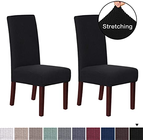 Stretch Dining Chair Covers Chair Covers for Dining Room Set of 2 Parson Chair Covers Slipcovers Chair Protectors Covers Dining, Feature Spandex Textured Checked Jacquard Fabric, Black