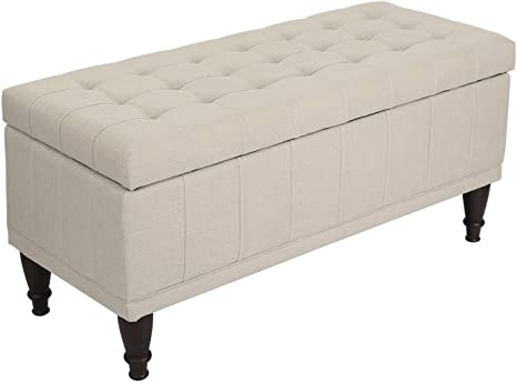 Adeco Faux Linen Sturdy Design Rectangular Tufted Lift Top Storage Bench Footstool with Solid Wood Legs Ottomans & Storage Ottomans, Beige