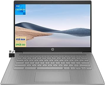 HP 2023 est Chromebook Laptop Student Business,14'' HD Display,Quad-Core Intel Celeron N4120 Processor,4GB RAM,64GB eMMC,720p Webcam,WiFi,Bluetooth,14  Hrs Battery,Chrome OS MarxsolCables Modern Gray