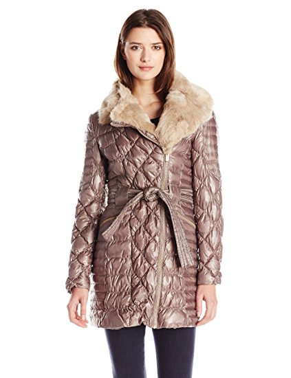 Via Spiga Women's Quilted Down Coat with Asymmetrical Zip and Faux-Fur Trim