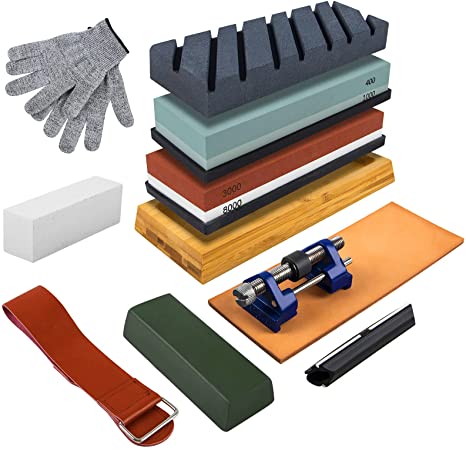 Knife Sharpening Stone Kit,Professional Whetstone Sharpener Stone Set,Premium Grit 400/1000 3000/8000 Water Stones,Flattening stone,Non-slip Bamboo Base, Angle Guide,Anti Cut Gloves,Leather Strop