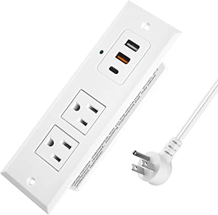 White Type-C Recessed Power Socket, 20W PD Fast Charging USB-C QC3.0 3A USB-A Power Strip, Plug in 2 Outlets & 2 USB-A Ports &1 USB-C Port,Connect Flat Plug 6.5ft Extension Cord