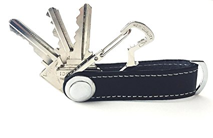 NEW QUALITY Real Leather Smart Key Tag Holder Perfect Gift Modern Organizer with Efficient Carabiner (Black)