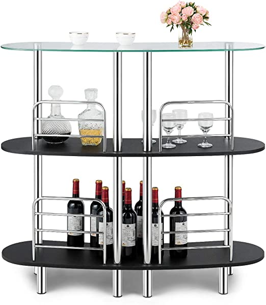 COSTWAY 3-Tier Glass Liquor Bar Cabinets, Wine Bar Storage with Tempered Glass Counter Top and Metal Frame, Bar Unit with 2 Shelves, Bar Organize Ideal for Home/Kitchen/Bar/Pub