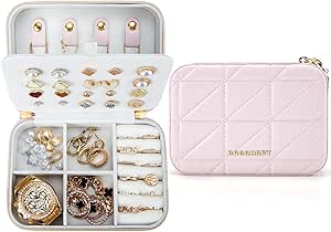 BAGSMART Travel Jewelry Box, Small Jewelry Organizer PU Leather Travel Jewelry Case, Portable Mini Necklace Ring Holder Storage Double Layer Jewelry Boxes for Women Earrings, Bracelets,Pink