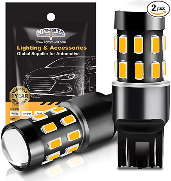 7443 LED Bulbs, LIGHSTA Super Bright 24-SMD 9-30V Non-Polarity 7440 7441 7444 T20 992 W21W LED Bulbs with Projector for Turn Signal Blinker Lights, Side Marker Lights, Amber Yellow(Pack of 2)