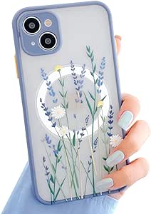 Ownest Compatible with iPhone 14 Case, Magnetic Fitting for MagSafe for Clear Frosted PC Back 3D Flowers Floral Girls Woman and Soft Silicone Slim Shockproof Case for iPhone 14 6.1''-(Purple)