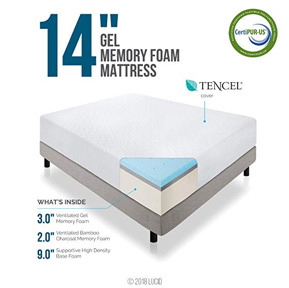 LUCID 14 Inch Memory Foam Mattress - Triple-Layer - 5.3 Pound Density Ventilated Gel Memory Foam - CertiPUR-US Certified - 10-Year Warranty - Twin XL  with LUCID Encasement Mattress Protector - Twin XL