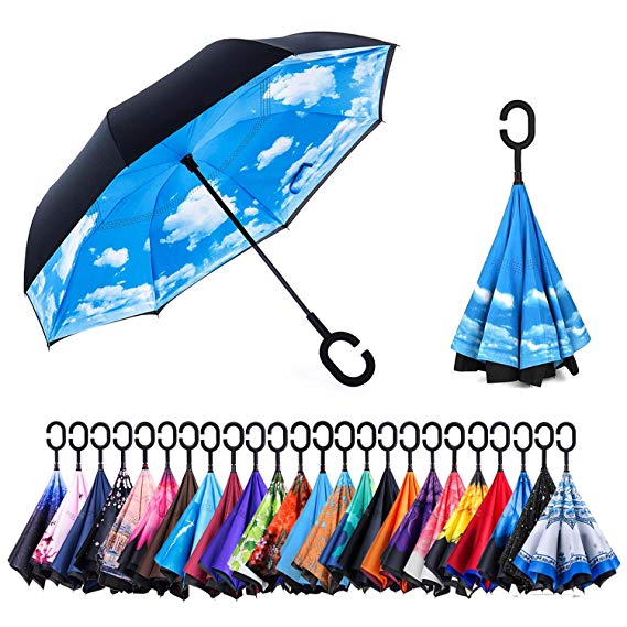 AmaGo Inverted Umbrella – Reverse Double Layer Long Umbrella, C-Shape Handle & Self-Stand to Spare Hands, Inside-Out Fold to Keep Cars & Drivers Dry, Carrying Bag for Easy Traveling