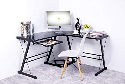 Merax 49" L-shaped Office Home Computer Desk Black Glass Top with Metal Legs 3-Piece Corner Desk PC Laptop Table Workstation, Black with Black Glass