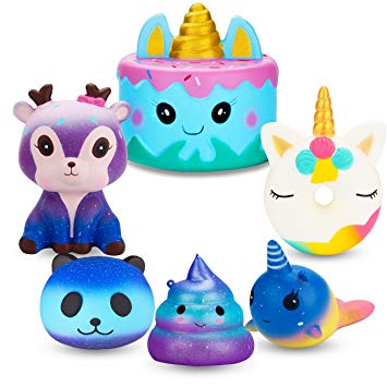 R.HORSE Jumbo Cute Narwhal Cake, Unicorn Donut, Galaxy Panda, Deer, Dolphin, Excrement Set Kawaii Cream Scented Squishies Slow Rising Decompression Squeeze Toys for Kids or Stress Relief Toy (6 Pack)