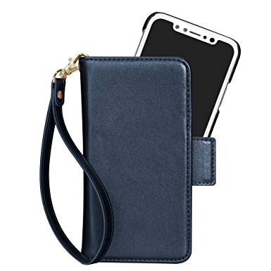 COCASES Wallet Case Compatible iPhone X, iPhone Xs iPhone 10, Detachable Flip Folio PU Leather Magnetic Cover Card Slot Wrist Strap (5.8'' Navy Blue)