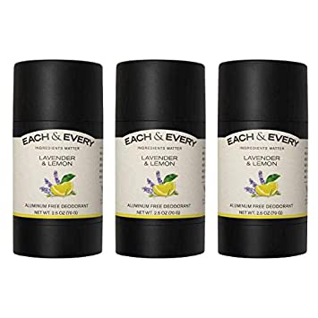 Each & Every 3-Pack Natural Aluminum-Free Deodorant for Sensitive Skin with Essential Oils, Plant-Based Packaging, Lavender & Lemon 2.5 Oz