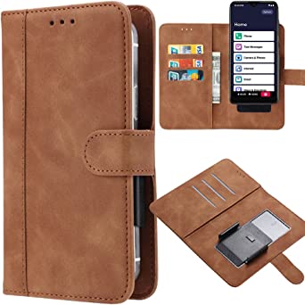 Ranyi for Lively Smart Smartphone Case, Universal Retro Leather Wallet Case with Credit Card Holder Movable Clip Magnetic Flip Wallet Protective Case for Lively Smart Smartphone Jitterbug -Brown