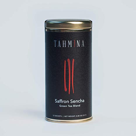 Tahmina Saffron Sencha Tea, China Green Tea Blend with Afghan Saffron, Moderate Caffeine, 12 Biodegradable Pyramid Tea Bags, Makes 36 Cups of Tea