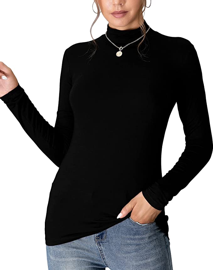 MANGDIUP Women's Mock Turtle Neck Long Sleeve Sleeveless Pullover Tops Slim Fit Basic Lightweight Soft T-Shirts