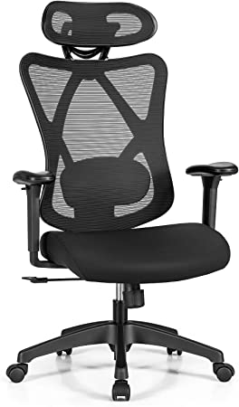 Giantex Reclining Mesh Office Chair, High Back Mesh Executive Chair w/Adjustable Lumbar Support, Armrests & Rotatable Headrest, Swivel Computer Desk Reclining Chair w/ 5 Rolling Casters, Black