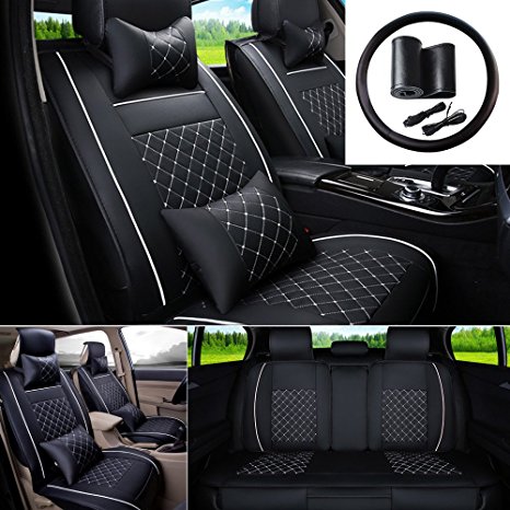 FLY5D 9Pcs Universal PU Leather Car Seat Cover Cushions Front Rear Full Set For 5-Seats BMW Honda Toyota(Black/White L)