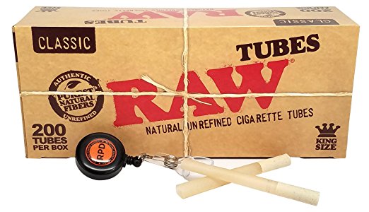 RAW Natural Unrefined King Size Cigarette Tubes (200 Tubes per Box) 1 Box with Rolling Paper Depot Lighter Lasso
