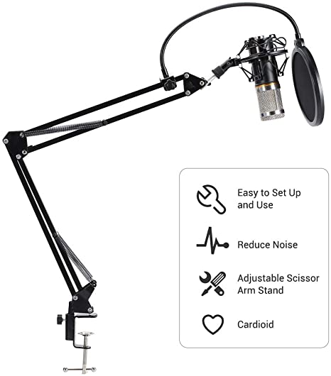 Heavy-Duty Microphone PC Microphone Stand Professional Condenser Microphone with Suspension Scissor Arm Stand Metal Shock Mount Pop Filter Sound Recording for Youtuber Karaoke Gaming Chatting Singing