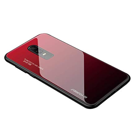 AIsoar Compatible with OnePlus 6T Colored Gradient Tempered Glass Case,Tempered Glass Back Cover   Soft TPU Bumper Frame Shockproof Anti-Scratch Protective Cover Shell (Red   Black)