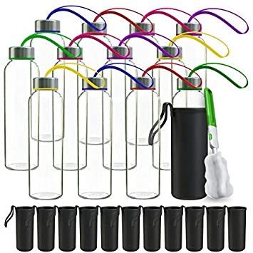 Chef's Star Glass Water Bottles with Stainless Steel Leak Proof Lids, Colored Carrying Loops and Nylon Protection Sleeve and Cleaning Brush (Clear 12 Pack)