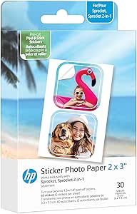 HP Sprocket 2x3” Premium Zink Pre-Cut Sticker Photo Paper, 30 Sheets, Compatible with HP Sprocket Photo Printers