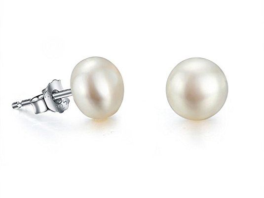 JYX Sterling Silver Natural White Freshwater Pearl Stud Earrings---AAA Quality